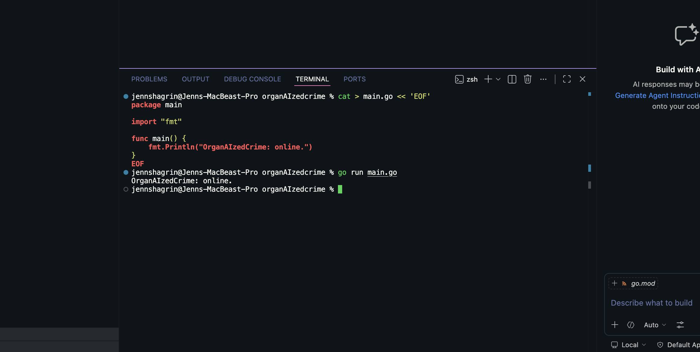 terminal showing OrganAIzedCrime: online. as first program output